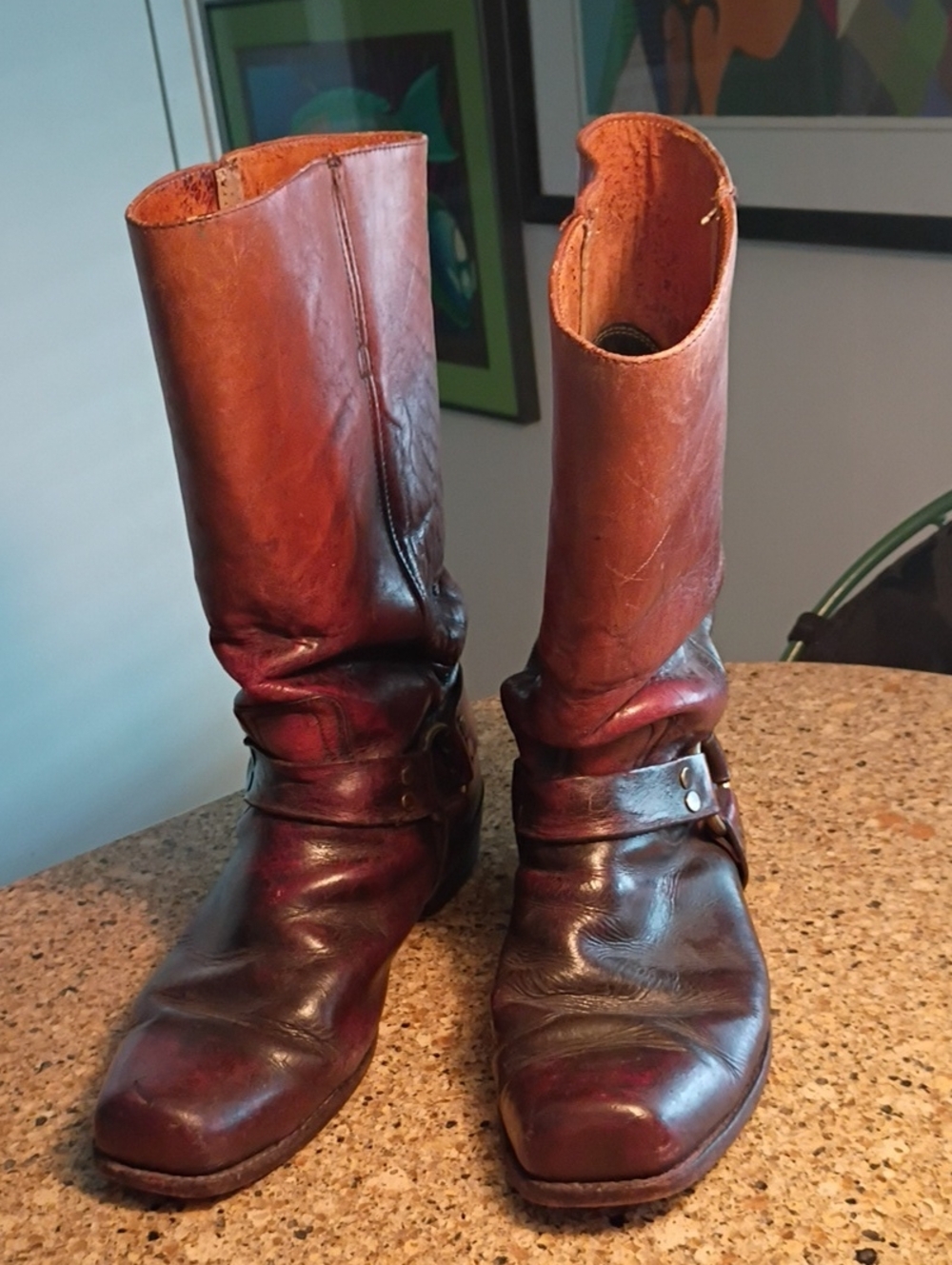 Frye Men's Mid-Calf Harness Boots in Distressed Chestnut Brown